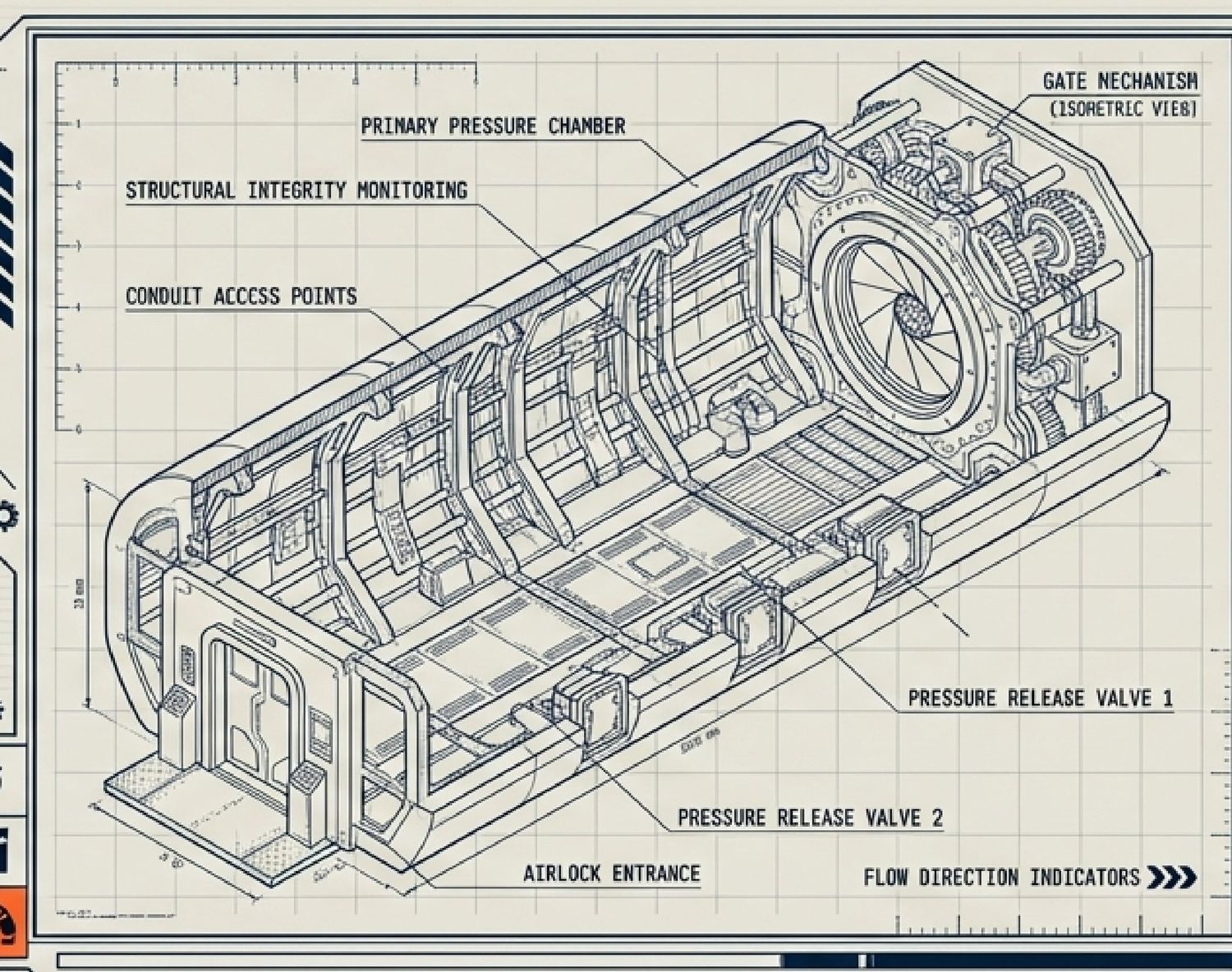 Isometric engineering schematic of the primary pressure chamber and gate mechanism, with annotated pressure release valves and airlock entrance.